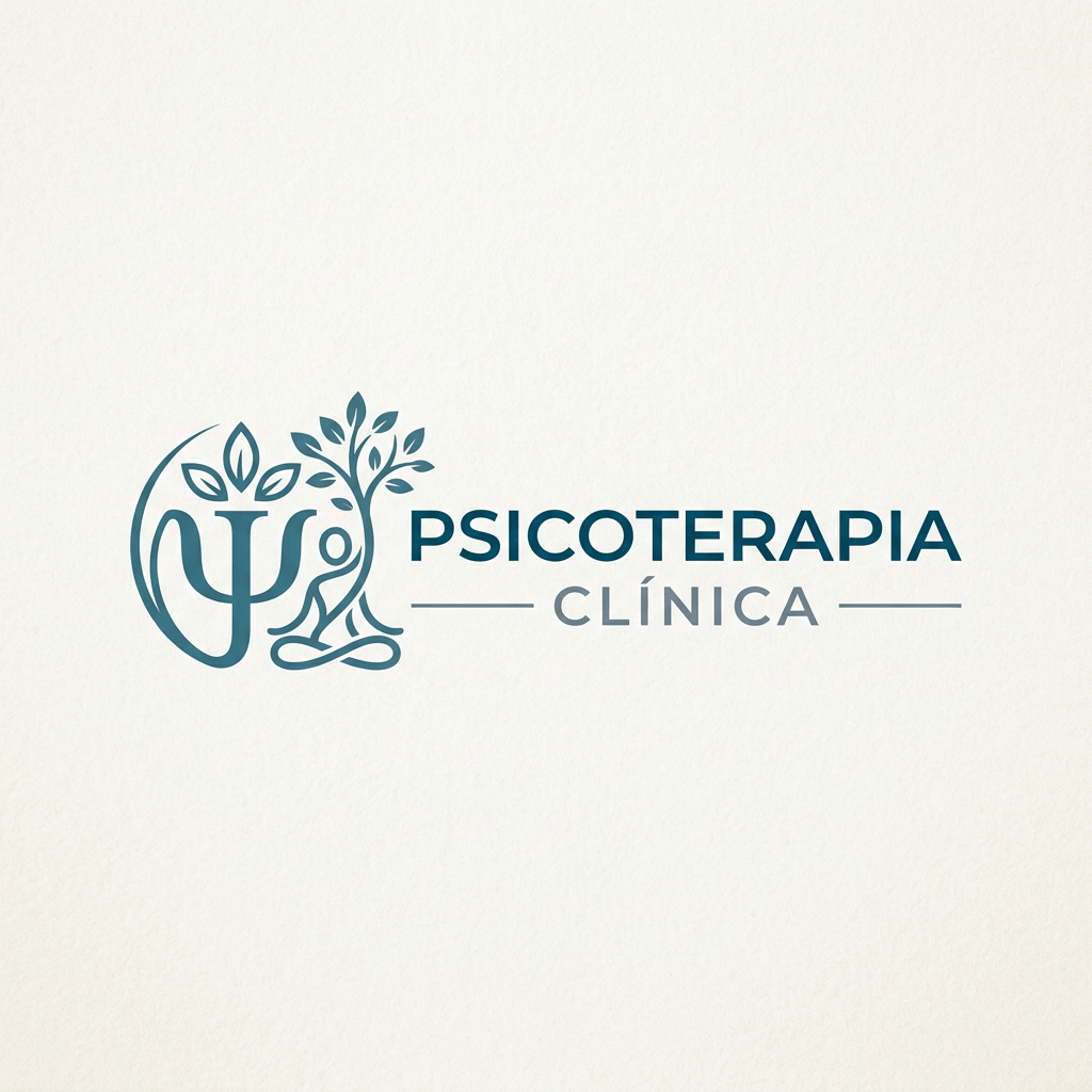 Logo with symbol resembling psychology and a person sitting under a tree, text 'PSICOTERAPIA CLÍNICA'